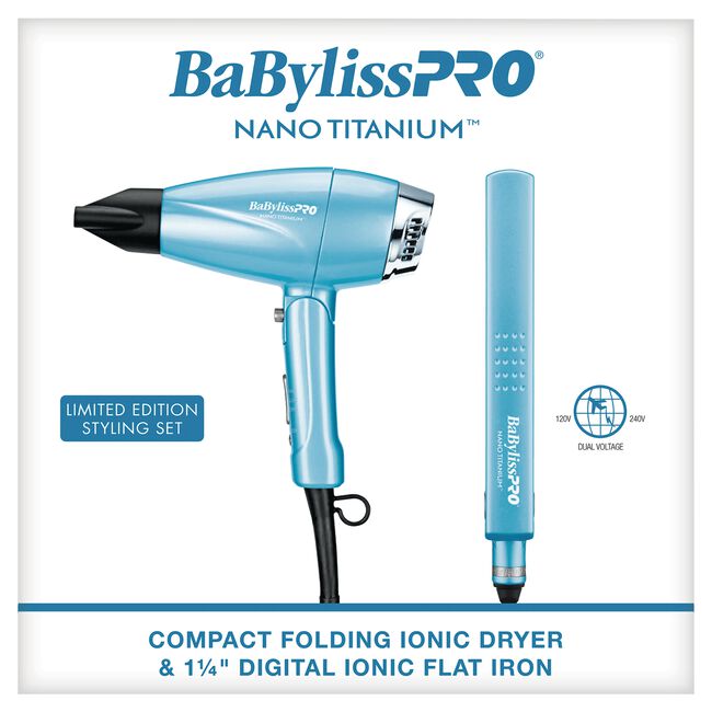 BaBylissPRO Nano Titanium Compact Folding Dryer & 1.25 Inch Digital Ionic Flat Iron Set